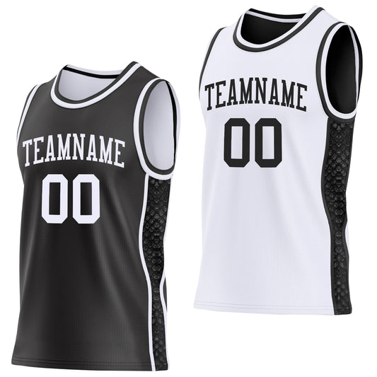Custom Black-White Mamba Snakeskin Side Panel Stripe Reversible Double Side Sublimation Basketball Set Jersey
