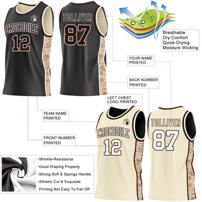 Custom Black(Cream) Brown-White Camo Side Panel Stripe Reversible Double Side Sublimation Basketball Set Jersey
