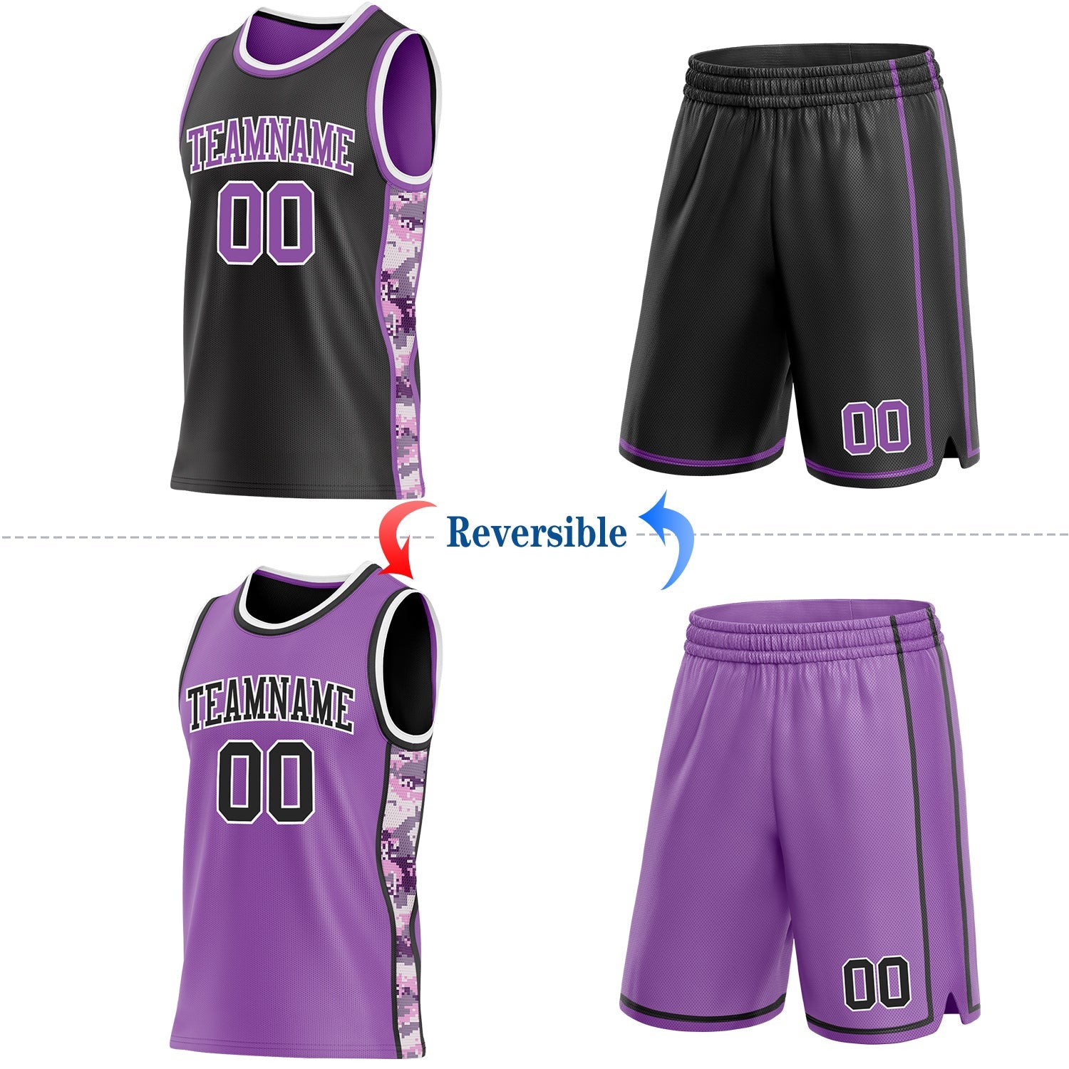 Custom Black Medium Purple-White Camo Side Panel Stripe Reversible Double Side Sublimation Basketball Set Jersey