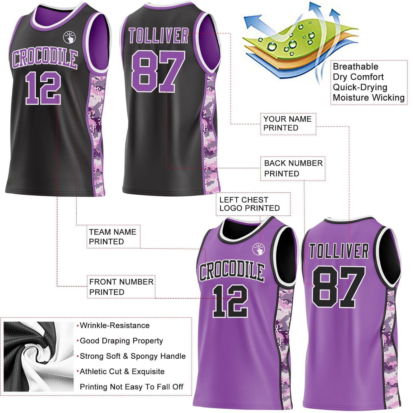 Custom Black Medium Purple-White Camo Side Panel Stripe Reversible Double Side Sublimation Basketball Set Jersey