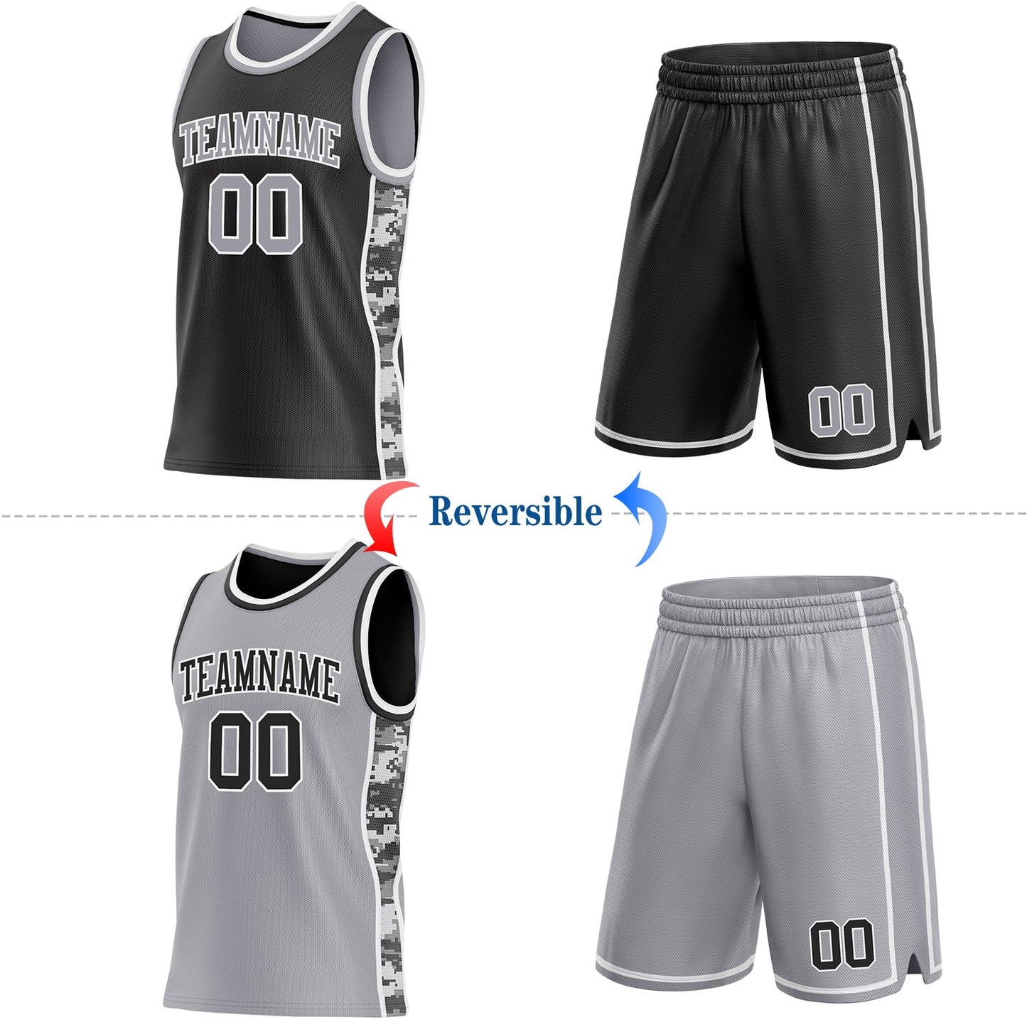 Custom Black Gray-White Camo Side Panel Stripe Reversible Double Side Sublimation Basketball Set Jersey
