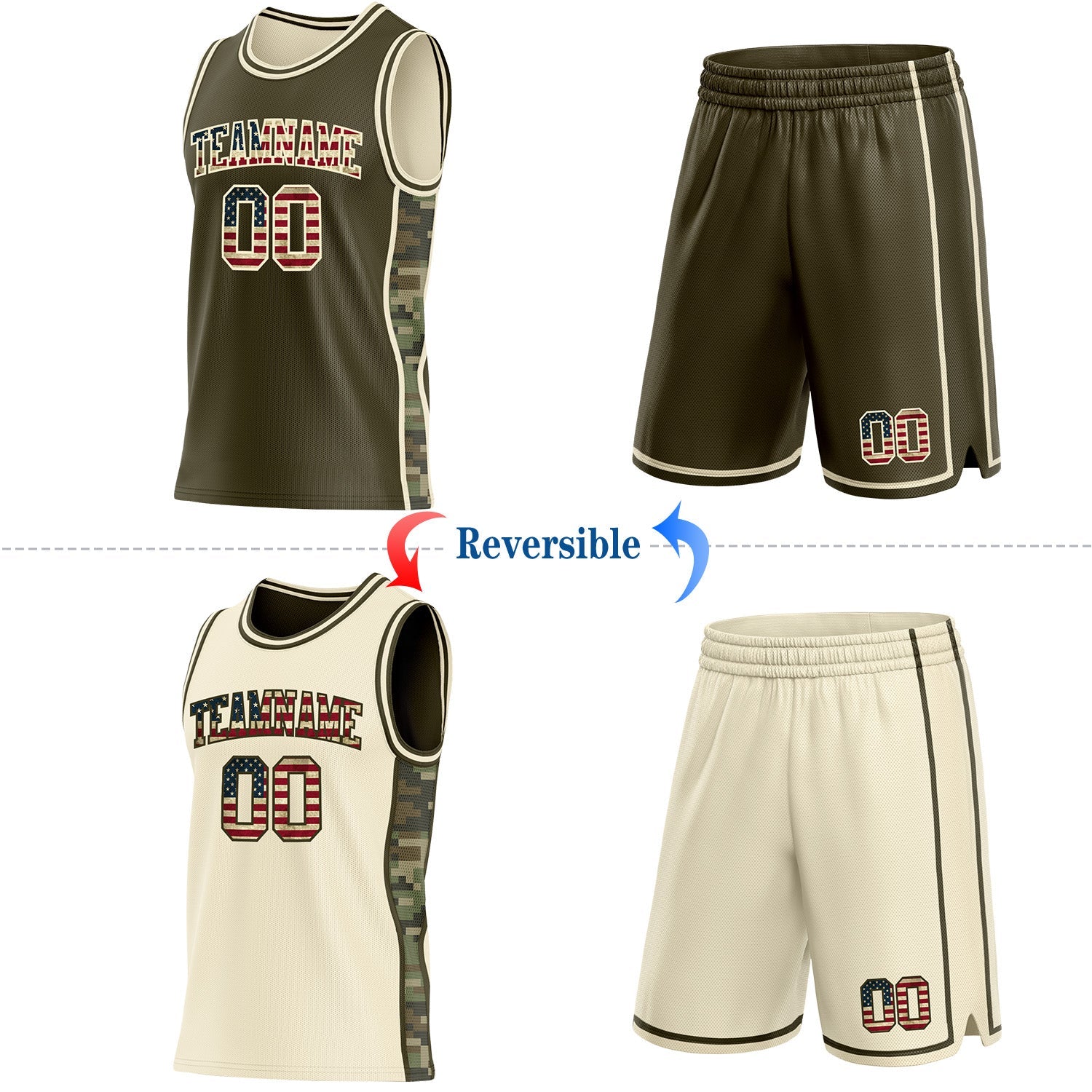 Custom Olive Vintage USA Flag-Cream Camo Side Panel Stripe Reversible Double Side Sublimation Basketball Set Jersey