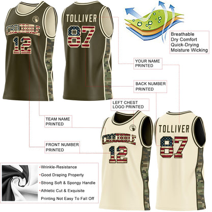 Custom Olive Vintage USA Flag-Cream Camo Side Panel Stripe Reversible Double Side Sublimation Basketball Set Jersey