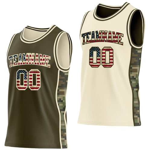 Custom Olive Vintage USA Flag-Cream Camo Side Panel Stripe Reversible Double Side Sublimation Basketball Set Jersey
