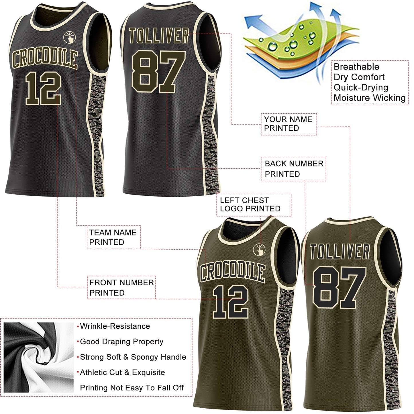 Custom Black Olive-Cream Camo Side Panel Stripe Reversible Double Side Sublimation Basketball Set Jersey