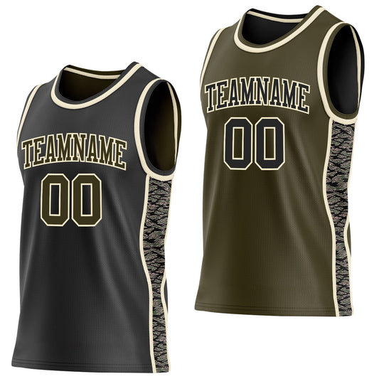 Custom Black Olive-Cream Camo Side Panel Stripe Reversible Double Side Sublimation Basketball Set Jersey