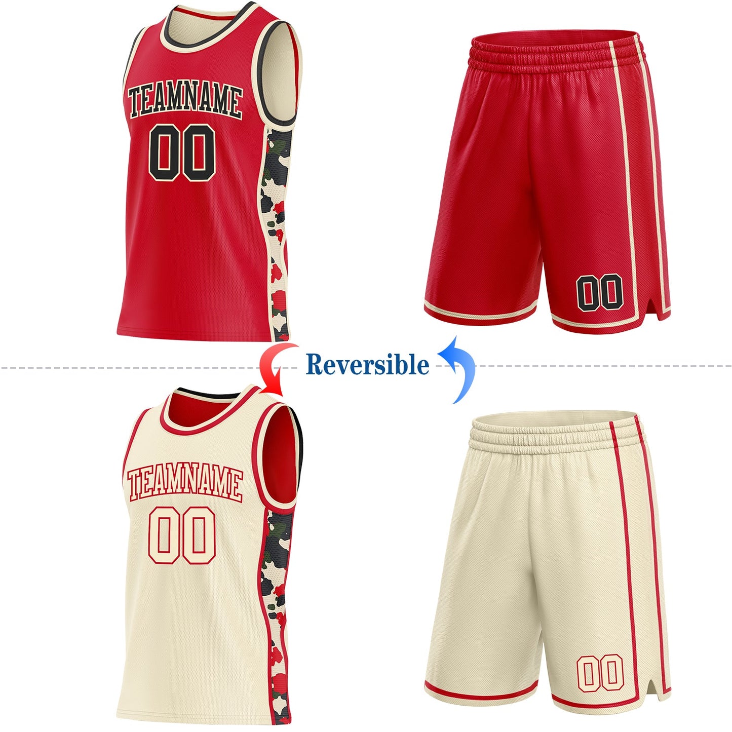 Custom Red Black-Cream Camo Side Panel Stripe Reversible Double Side Sublimation Basketball Set Jersey