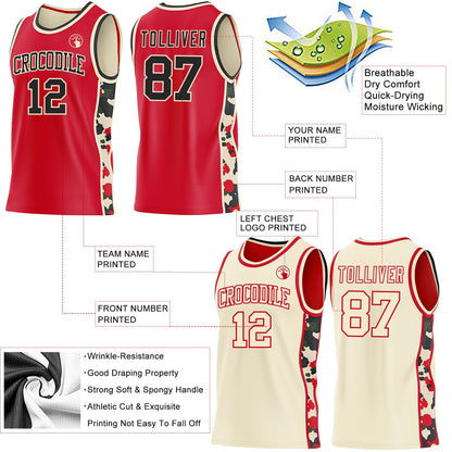 Custom Red Black-Cream Camo Side Panel Stripe Reversible Double Side Sublimation Basketball Set Jersey