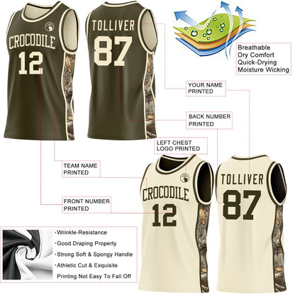 Custom Olive-Cream Woodland Camo Side Panel Stripe Reversible Double Side Sublimation Basketball Set Jersey