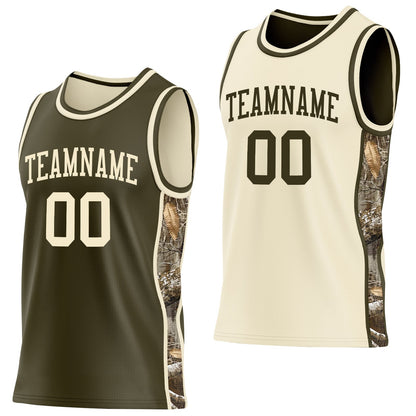 Custom Olive-Cream Woodland Camo Side Panel Stripe Reversible Double Side Sublimation Basketball Set Jersey