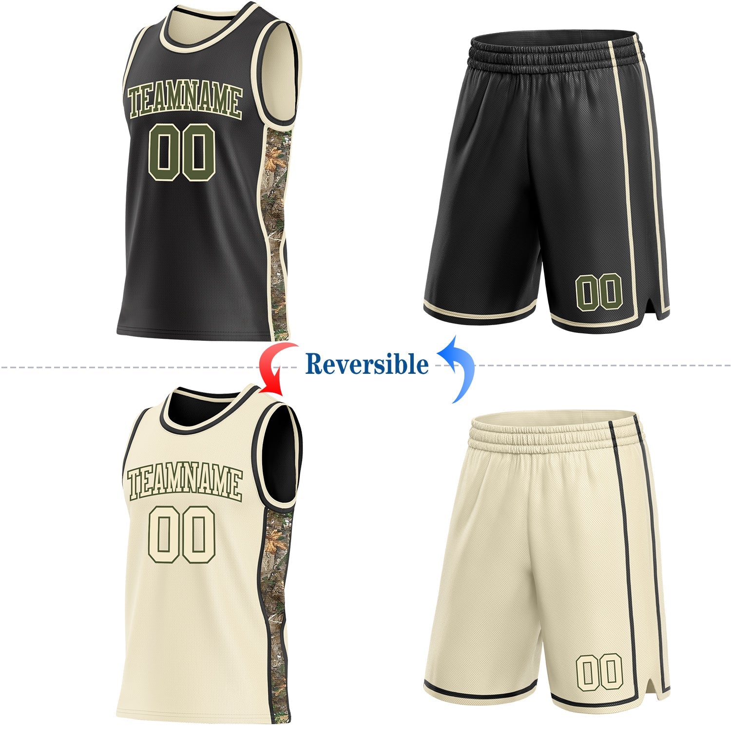Custom Black Olive-Cream Woodland Camo Side Panel Stripe Reversible Double Side Sublimation Basketball Set Jersey