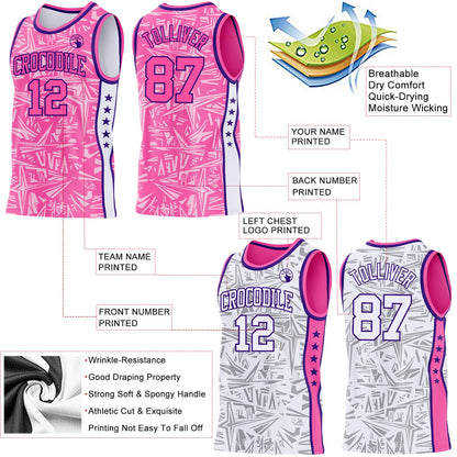 Custom Pink Purple-White Side Panel Stripe Stars Geometric Shatter Starburst Reversible Double Side Sublimation Basketball Set Jersey