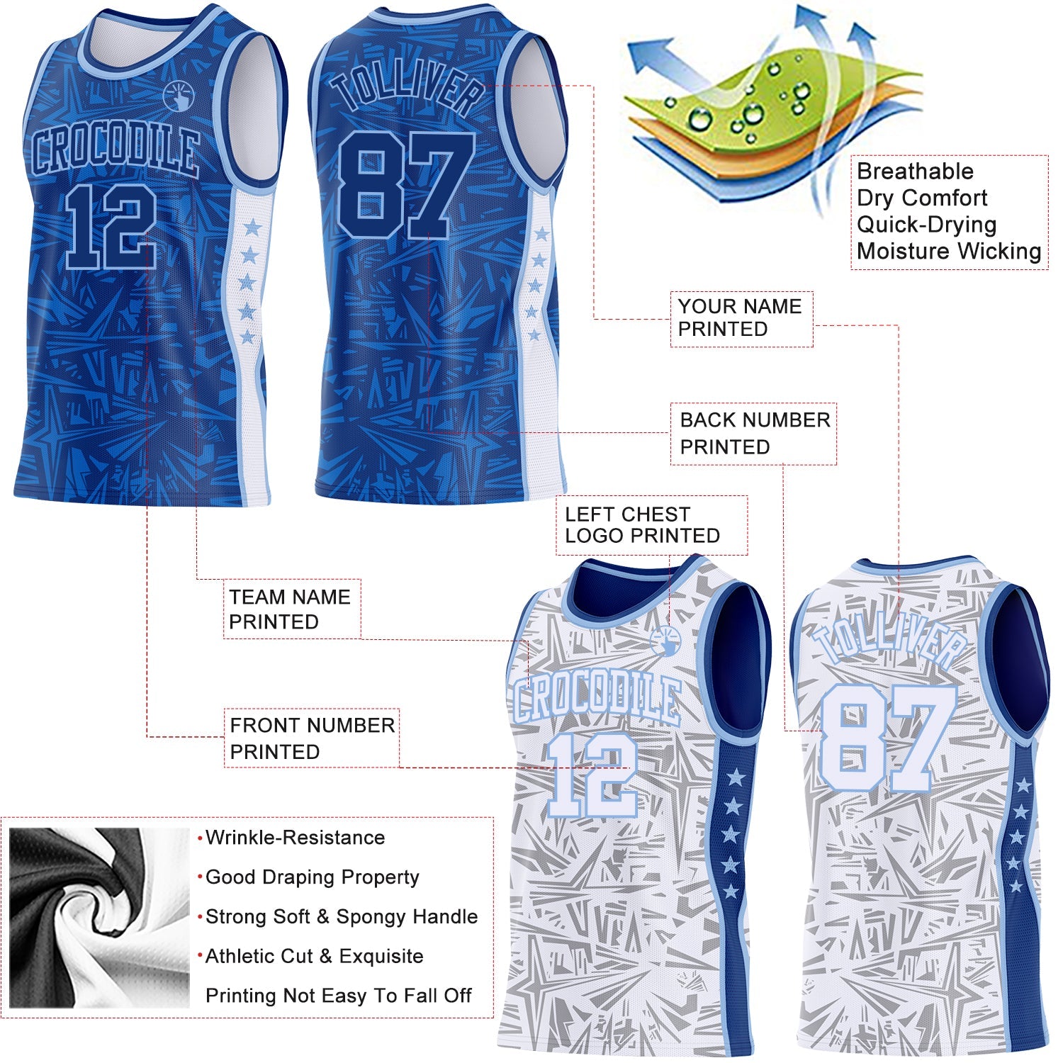 Custom Royal Light Blue-White Side Panel Stripe Stars Geometric Shatter Starburst Reversible Double Side Sublimation Basketball Set Jersey