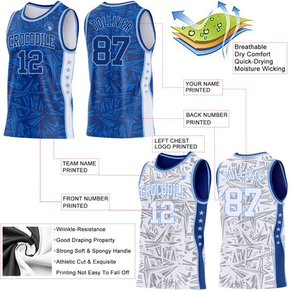 Custom Royal Light Blue-White Side Panel Stripe Stars Geometric Shatter Starburst Reversible Double Side Sublimation Basketball Set Jersey