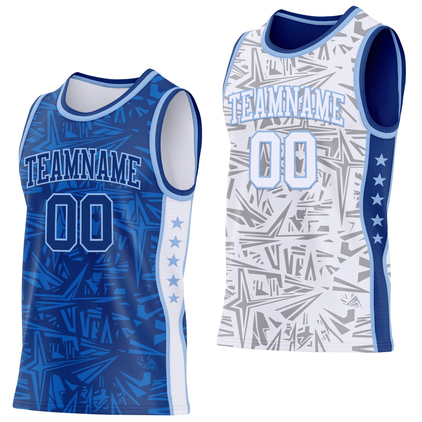 Custom Royal Light Blue-White Side Panel Stripe Stars Geometric Shatter Starburst Reversible Double Side Sublimation Basketball Set Jersey