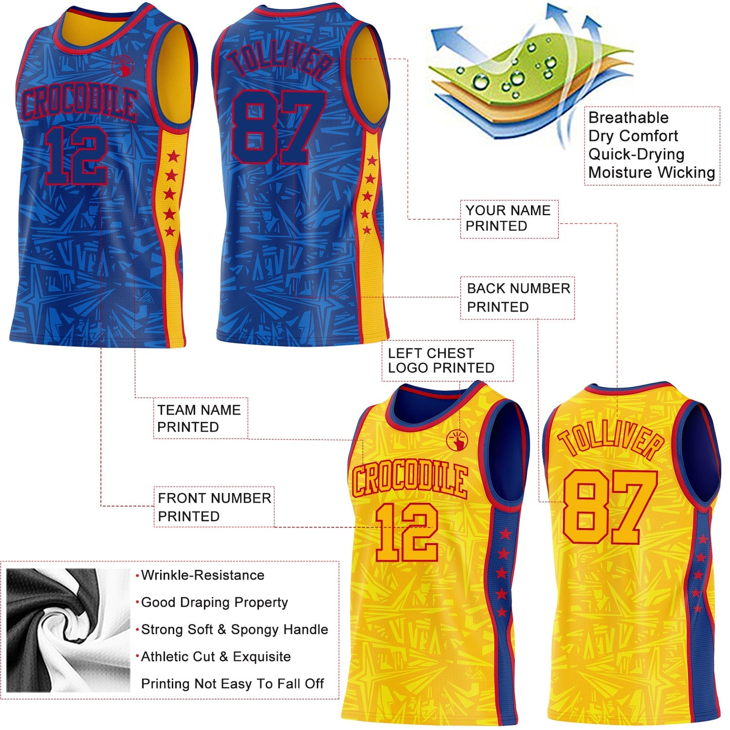 Custom Royal Red-Gold Side Panel Stripe Stars Geometric Shatter Starburst Reversible Double Side Sublimation Basketball Set Jersey