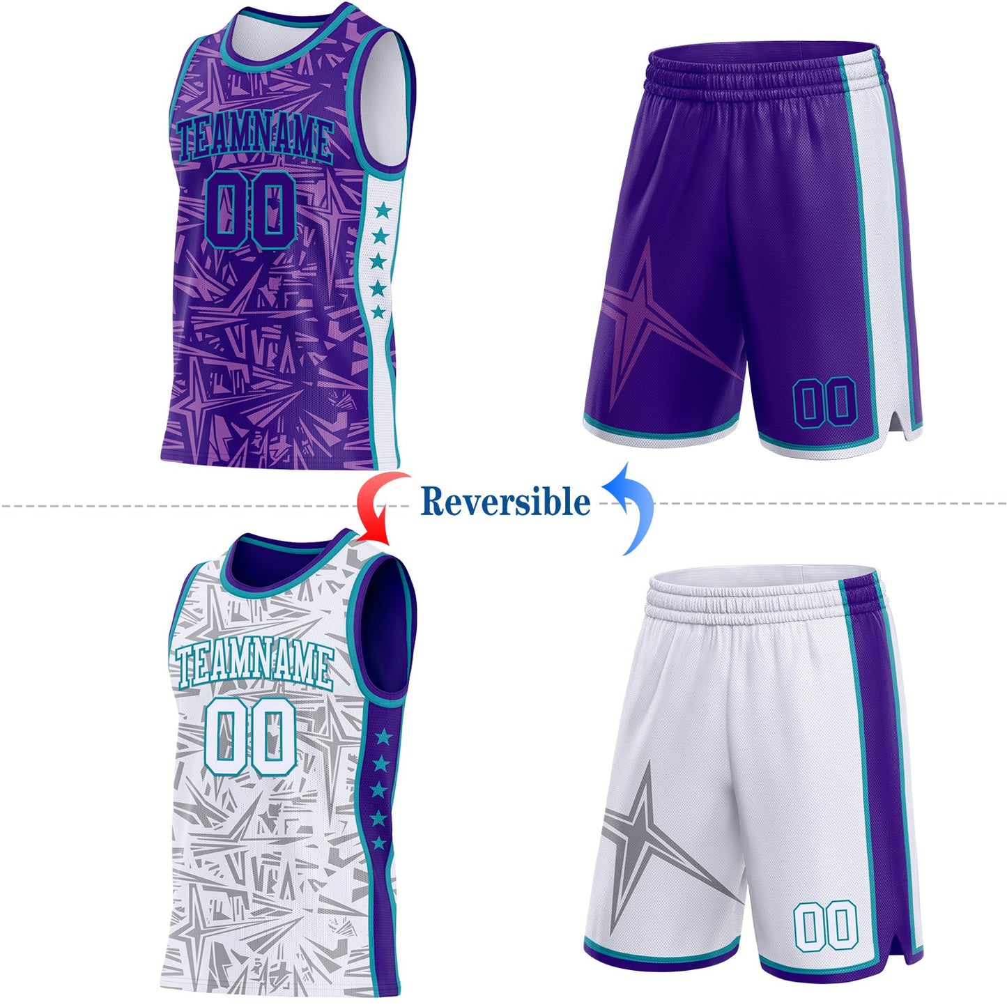 Custom Purple Teal-White Side Panel Stripe Stars Geometric Shatter Starburst Reversible Double Side Sublimation Basketball Set Jersey