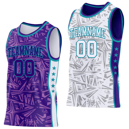 Custom Purple Teal-White Side Panel Stripe Stars Geometric Shatter Starburst Reversible Double Side Sublimation Basketball Set Jersey