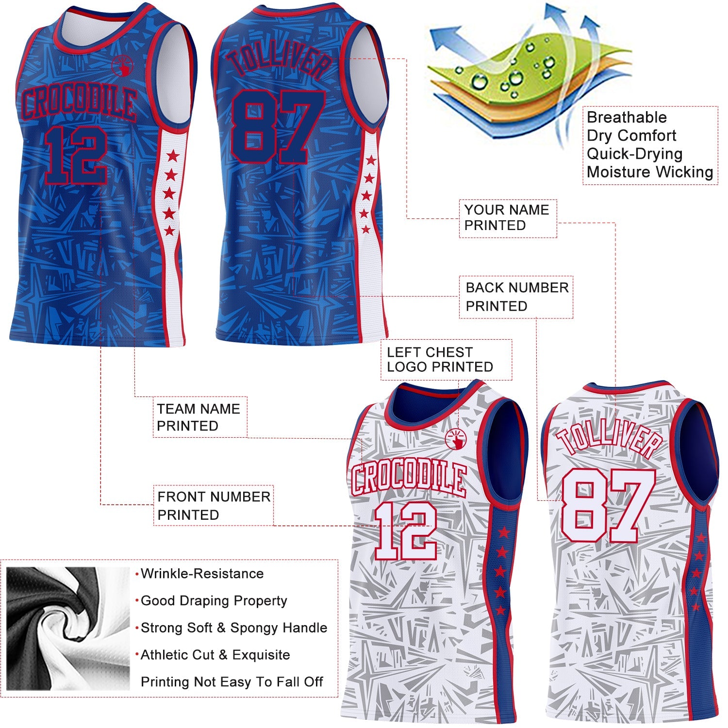 Custom Royal Red-White Side Panel Stripe Stars Geometric Shatter Starburst Reversible Double Side Sublimation Basketball Set Jersey