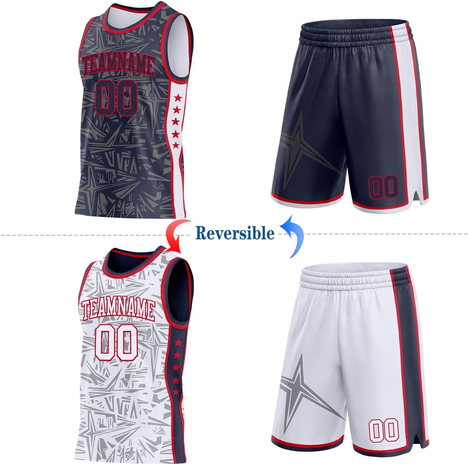 Custom Navy Red-White Side Panel Stripe Stars Geometric Shatter Starburst Reversible Double Side Sublimation Basketball Set Jersey