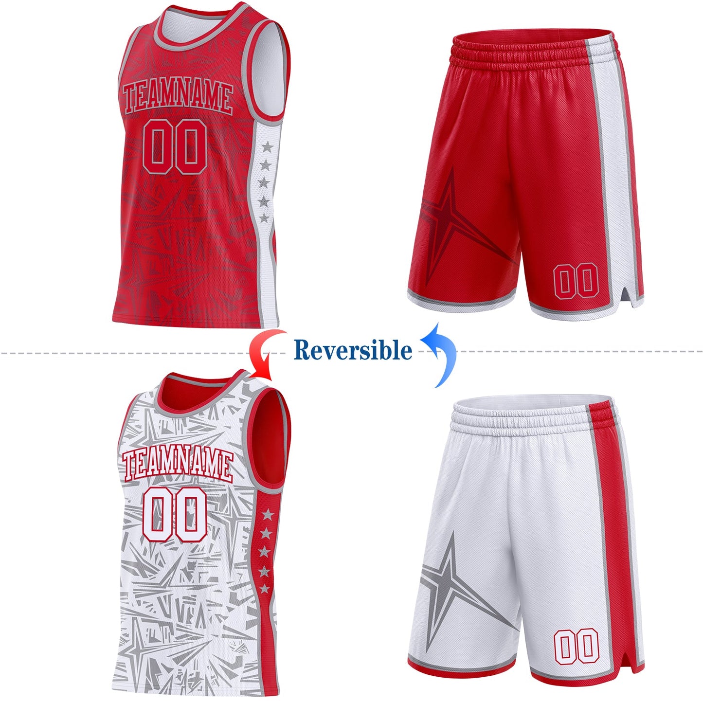 Custom Red Gray-White Side Panel Stripe Stars Geometric Shatter Starburst Reversible Double Side Sublimation Basketball Set Jersey