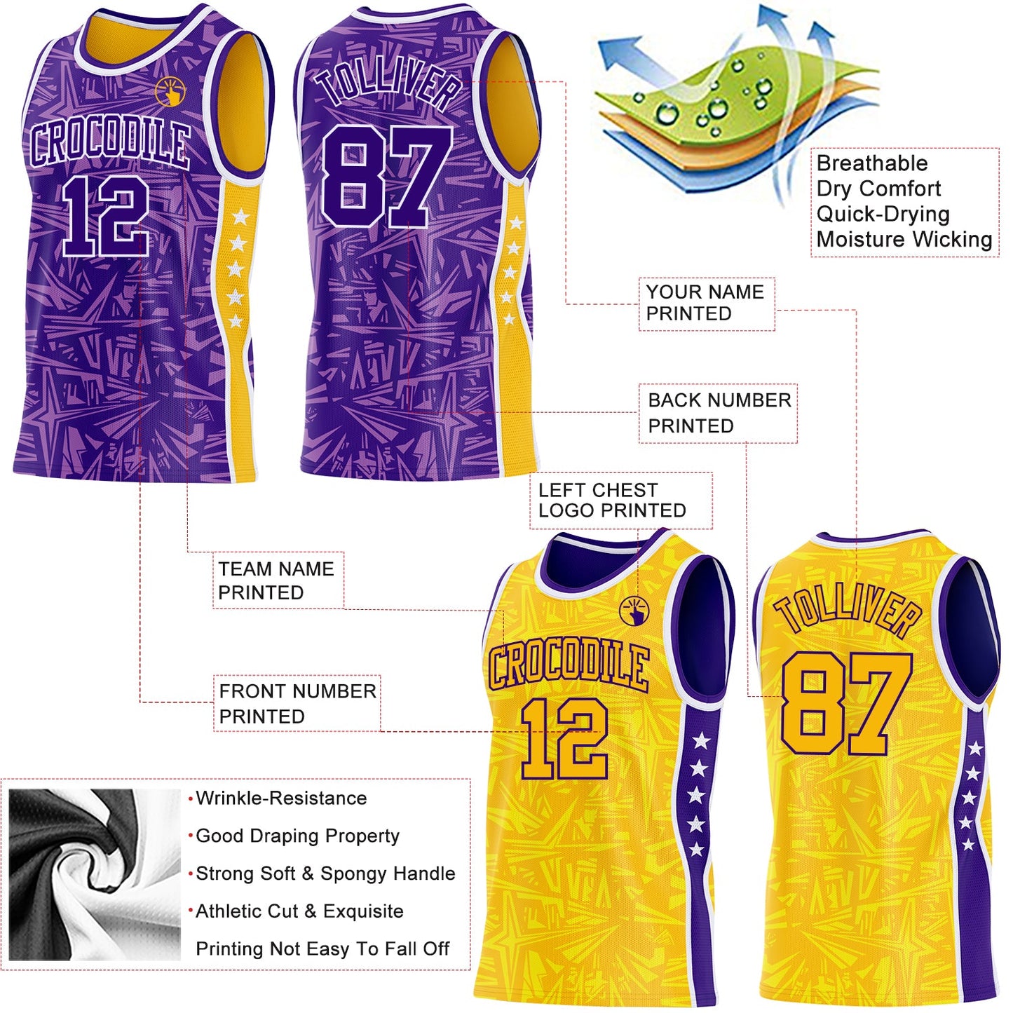 Custom Purple White-Gold Side Panel Stripe Stars Geometric Shatter Starburst Reversible Double Side Sublimation Basketball Set Jersey