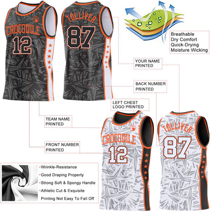 Custom Black White-Orange Side Panel Stripe Stars Geometric Shatter Starburst Reversible Double Side Sublimation Basketball Set Jersey