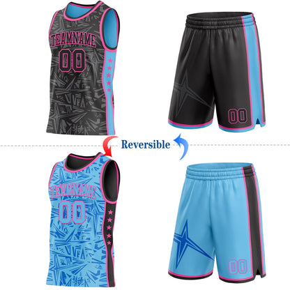 Custom Black Pink-Sky Blue Side Panel Stripe Stars Geometric Shatter Starburst Reversible Double Side Sublimation Basketball Set Jersey