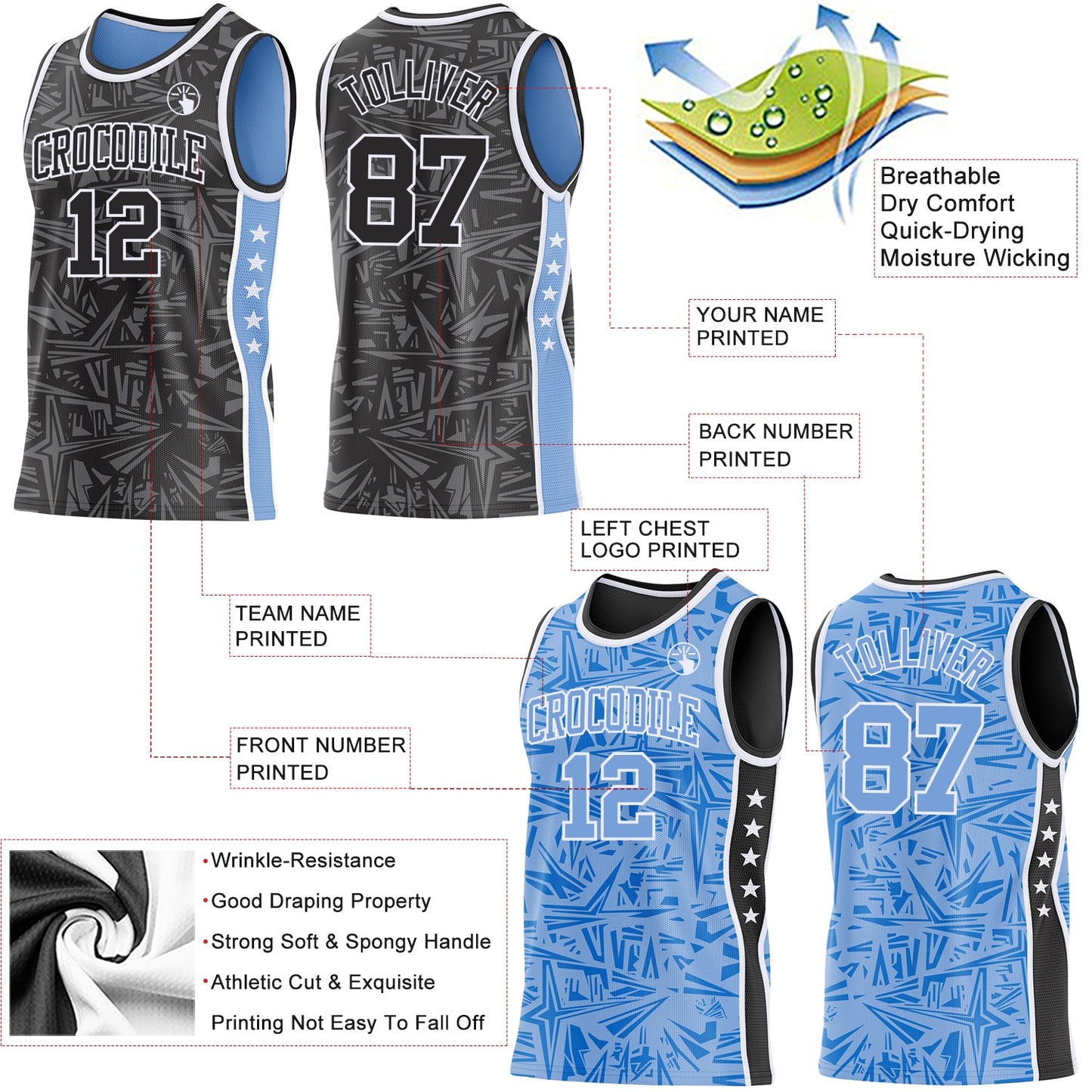 Custom Black White-Light Blue Side Panel Stripe Stars Geometric Shatter Starburst Reversible Double Side Sublimation Basketball Set Jersey