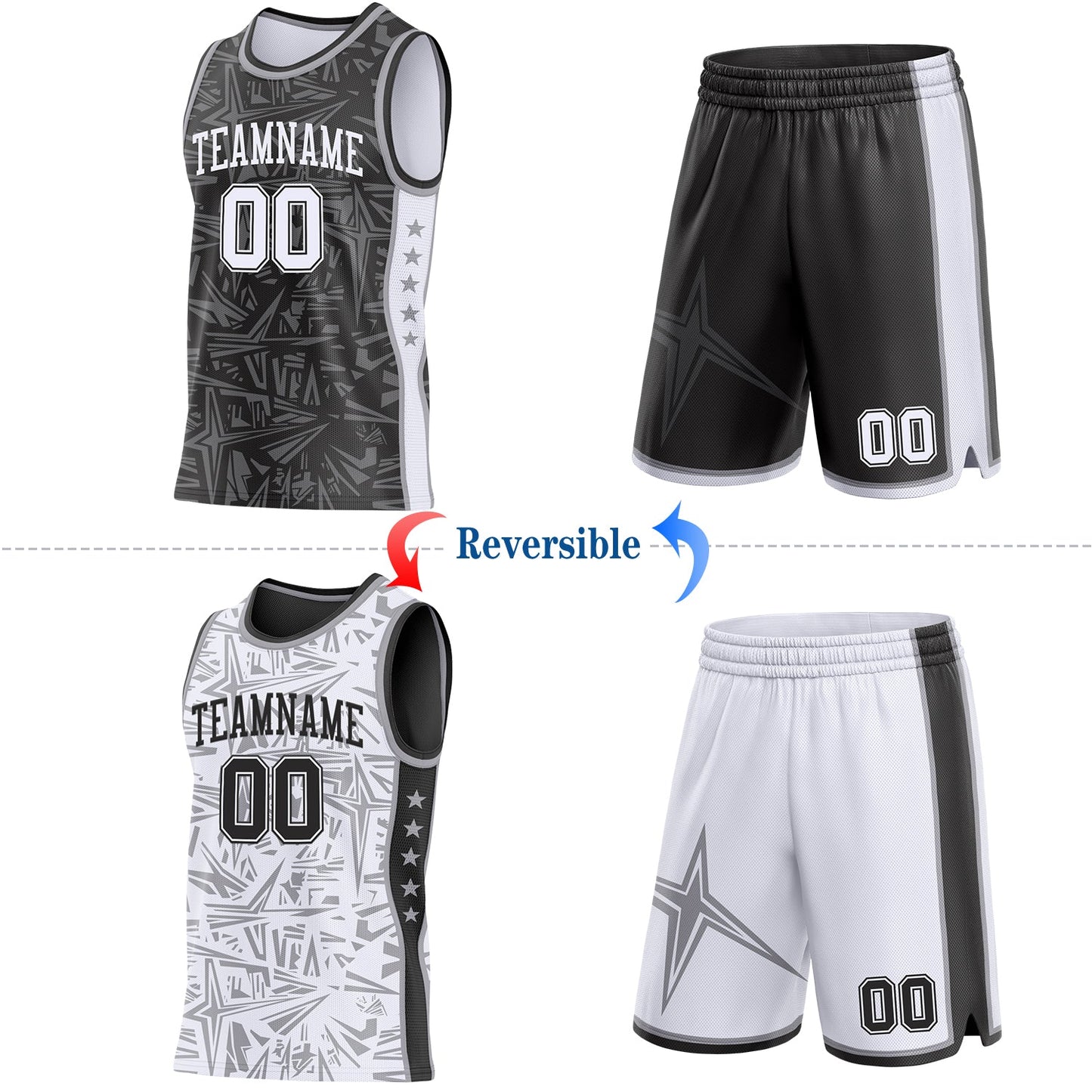 Custom Black White-Gray Side Panel Stripe Stars Geometric Shatter Starburst Reversible Double Side Sublimation Basketball Set Jersey