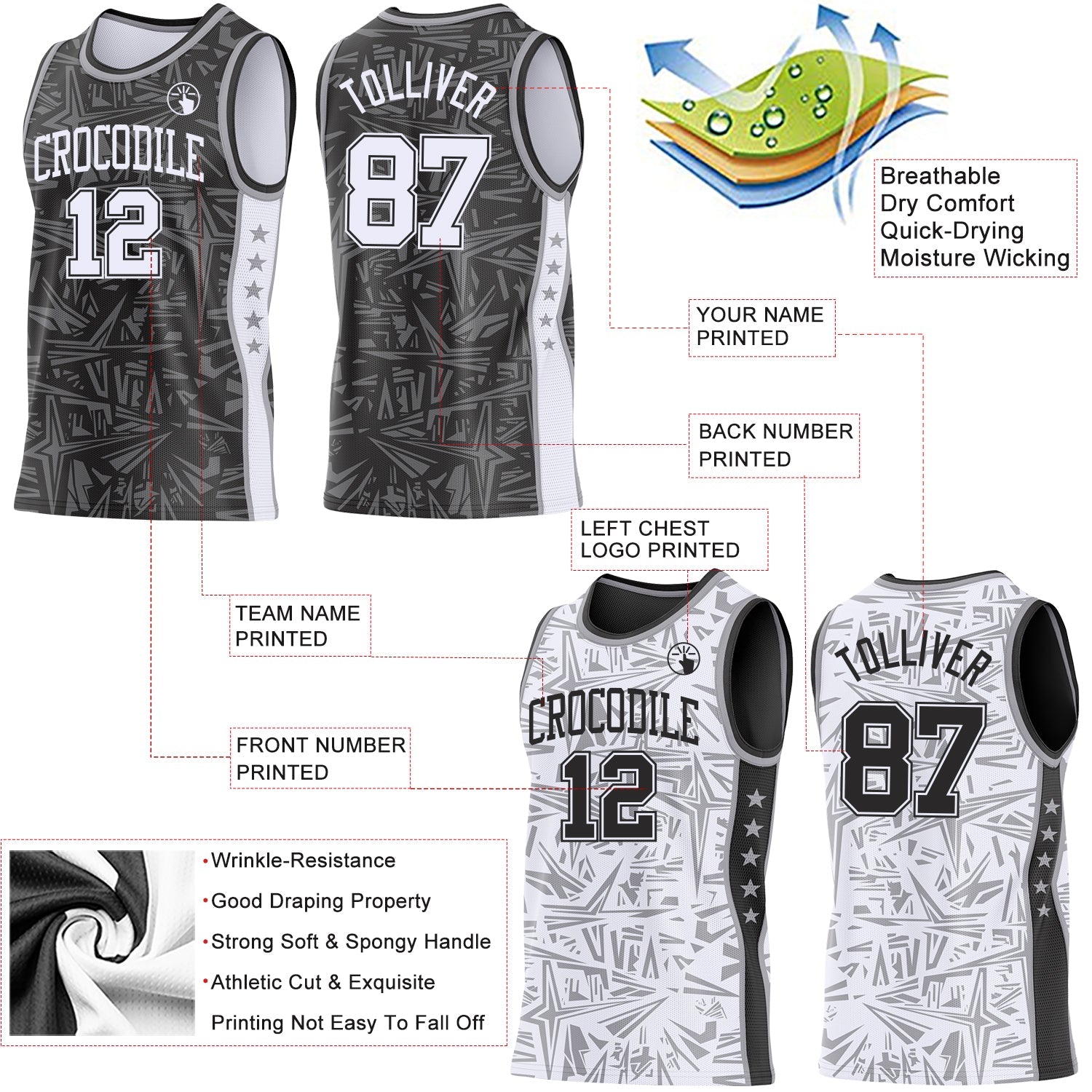 Custom Black White-Gray Side Panel Stripe Stars Geometric Shatter Starburst Reversible Double Side Sublimation Basketball Set Jersey