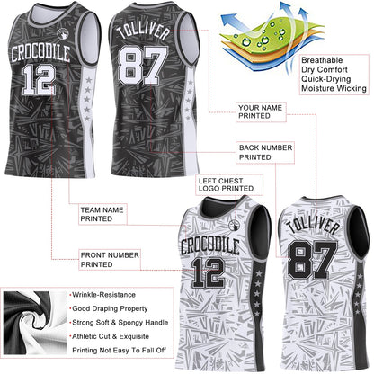 Custom Black White-Gray Side Panel Stripe Stars Geometric Shatter Starburst Reversible Double Side Sublimation Basketball Set Jersey