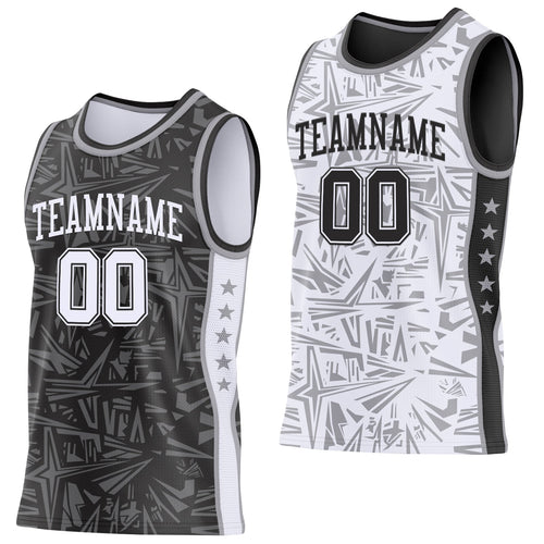 Custom Black White-Gray Side Panel Stripe Stars Geometric Shatter Starburst Reversible Double Side Sublimation Basketball Set Jersey