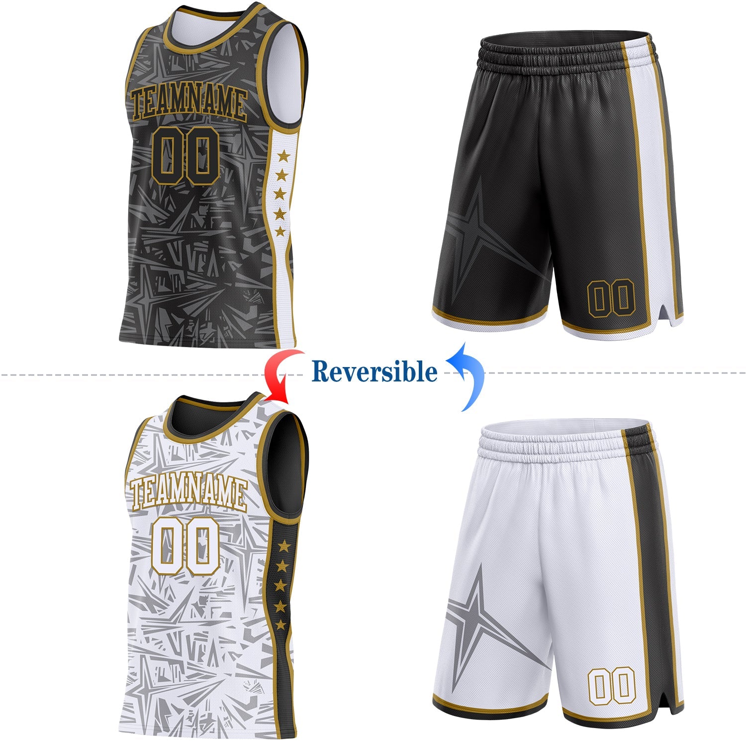 Custom Black Old Gold-White Side Panel Stripe Stars Geometric Shatter Starburst Reversible Double Side Sublimation Basketball Set Jersey