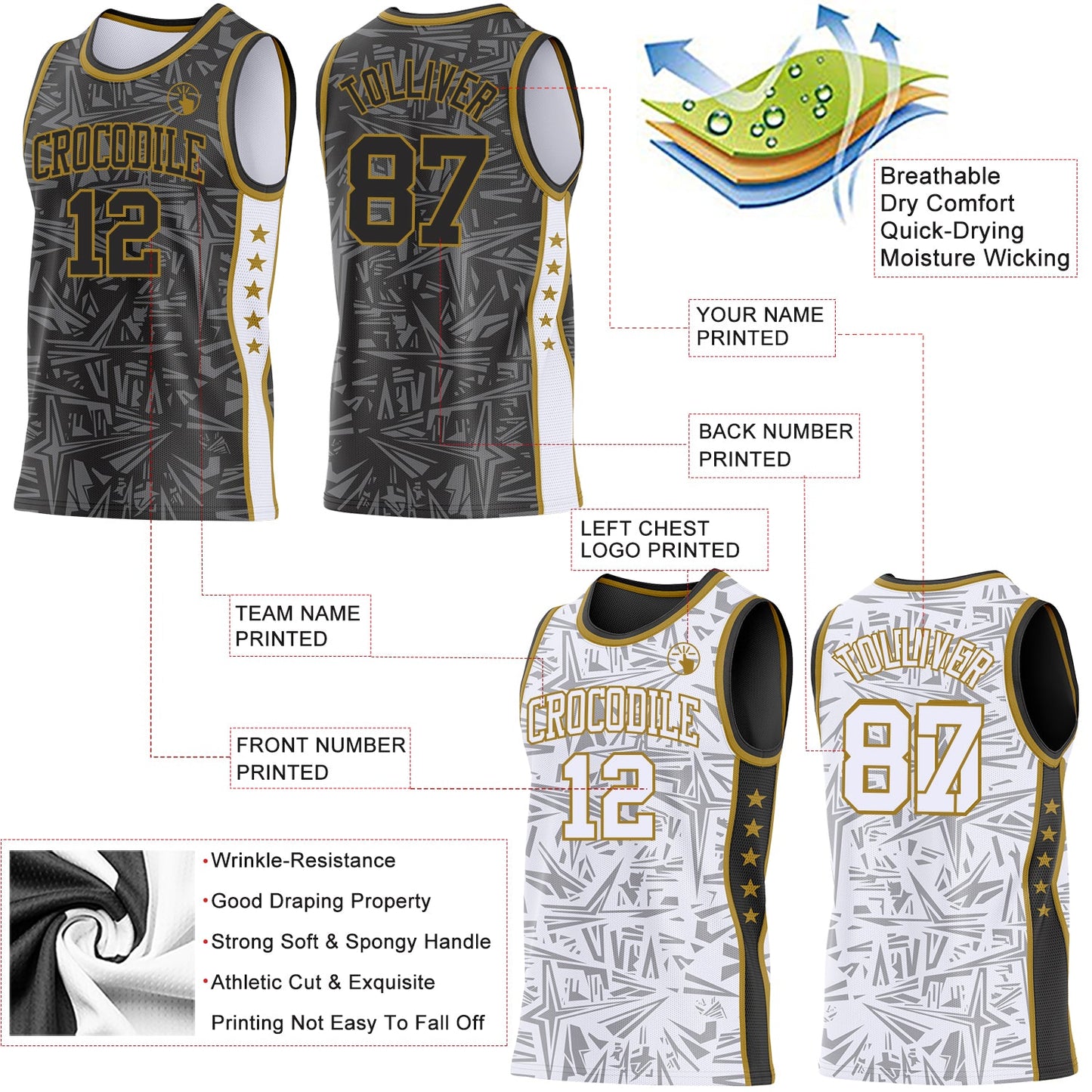 Custom Black Old Gold-White Side Panel Stripe Stars Geometric Shatter Starburst Reversible Double Side Sublimation Basketball Set Jersey
