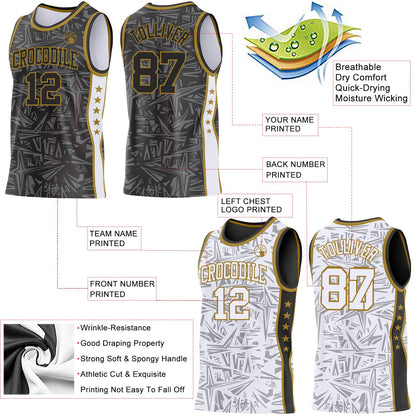 Custom Black Old Gold-White Side Panel Stripe Stars Geometric Shatter Starburst Reversible Double Side Sublimation Basketball Set Jersey