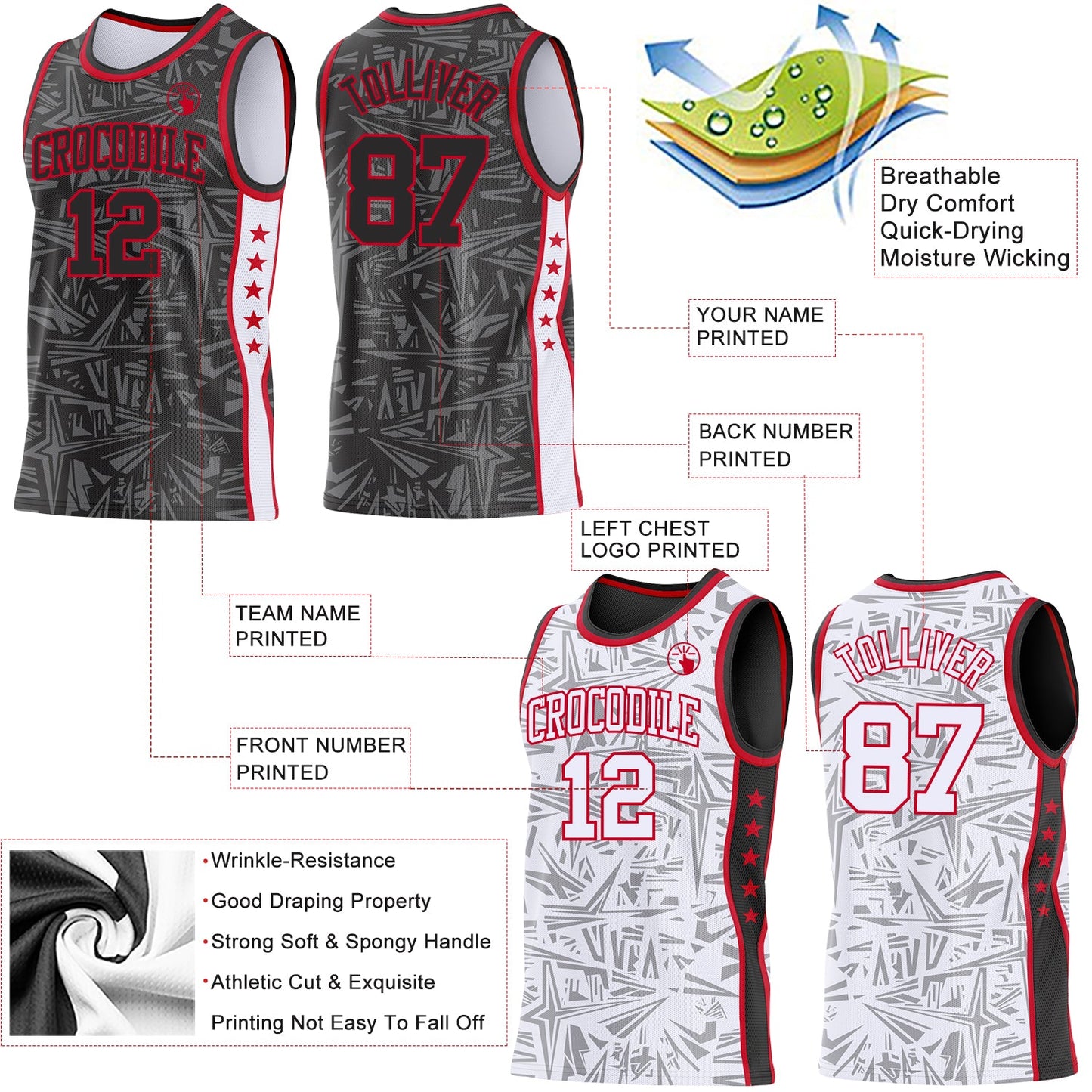 Custom Black Red-White Side Panel Stripe Stars Geometric Shatter Starburst Reversible Double Side Sublimation Basketball Set Jersey