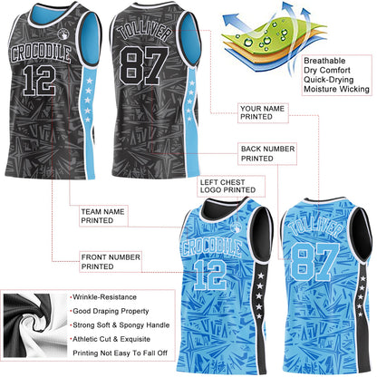 Custom Black White-Sky Blue Side Panel Stripe Stars Geometric Shatter Starburst Reversible Double Side Sublimation Basketball Set Jersey