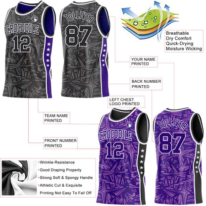 Custom Black White-Purple Side Panel Stripe Stars Geometric Shatter Starburst Reversible Double Side Sublimation Basketball Set Jersey