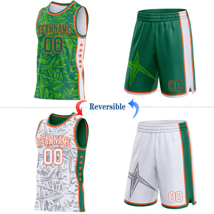 Custom Kelly Green Orange-White Side Panel Stripe Stars Geometric Shatter Starburst Reversible Double Side Sublimation Basketball Set Jersey
