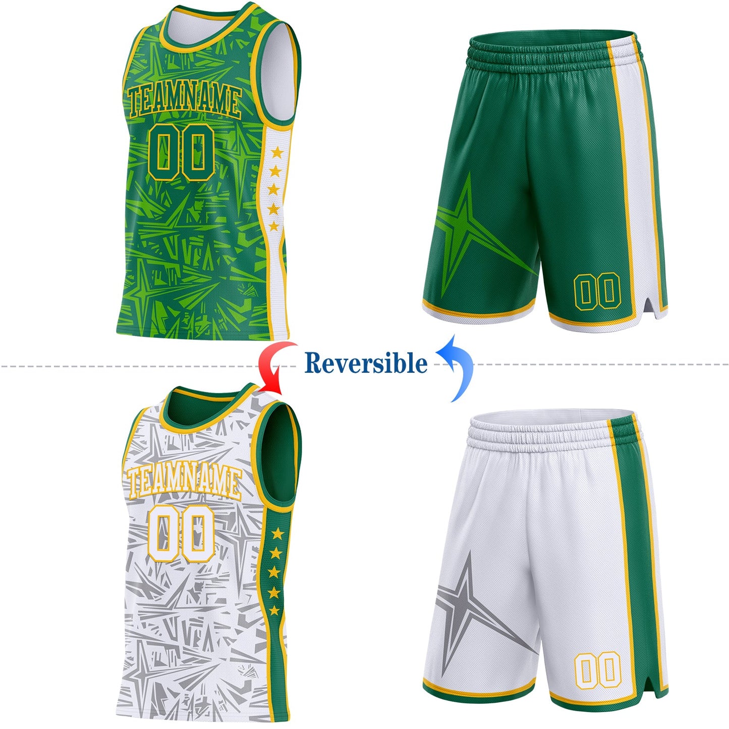 Custom Kelly Green Gold-White Side Panel Stripe Stars Geometric Shatter Starburst Reversible Double Side Sublimation Basketball Set Jersey