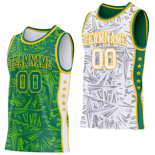 Custom Kelly Green Gold-White Side Panel Stripe Stars Geometric Shatter Starburst Reversible Double Side Sublimation Basketball Set Jersey