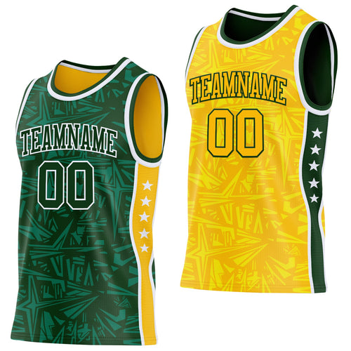 Custom Green White-Gold Side Panel Stripe Stars Geometric Shatter Starburst Reversible Double Side Sublimation Basketball Set Jersey