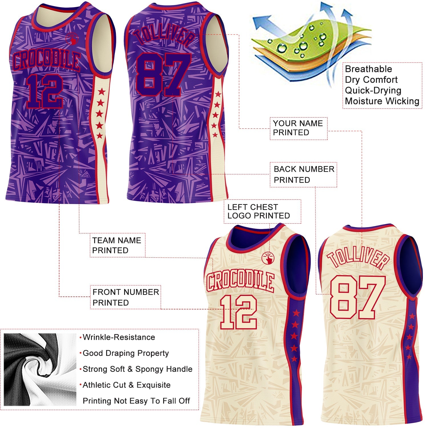 Custom Purple Red-Cream Side Panel Stripe Stars Geometric Shatter Starburst Reversible Double Side Sublimation Basketball Set Jersey