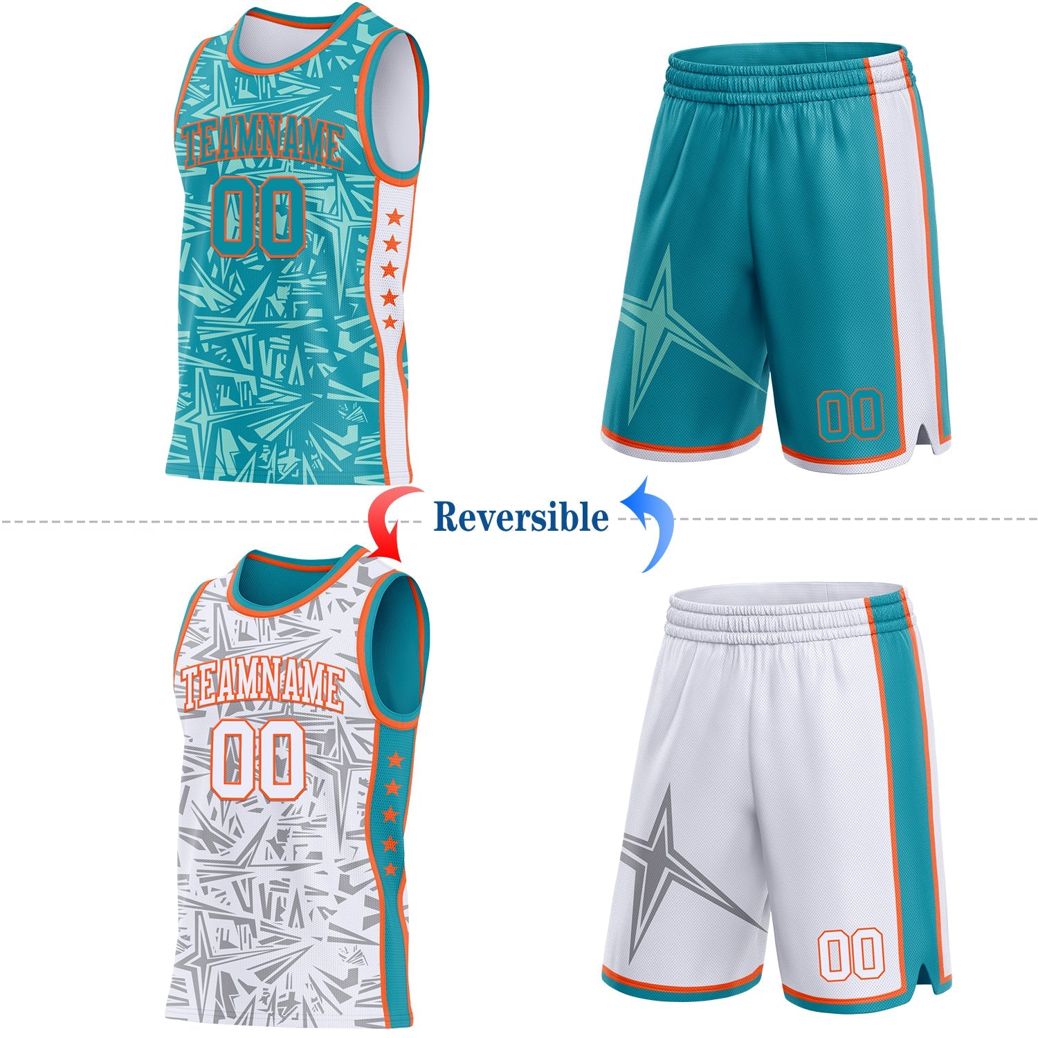 Custom Teal Orange-White Side Panel Stripe Stars Geometric Shatter Starburst Reversible Double Side Sublimation Basketball Set Jersey