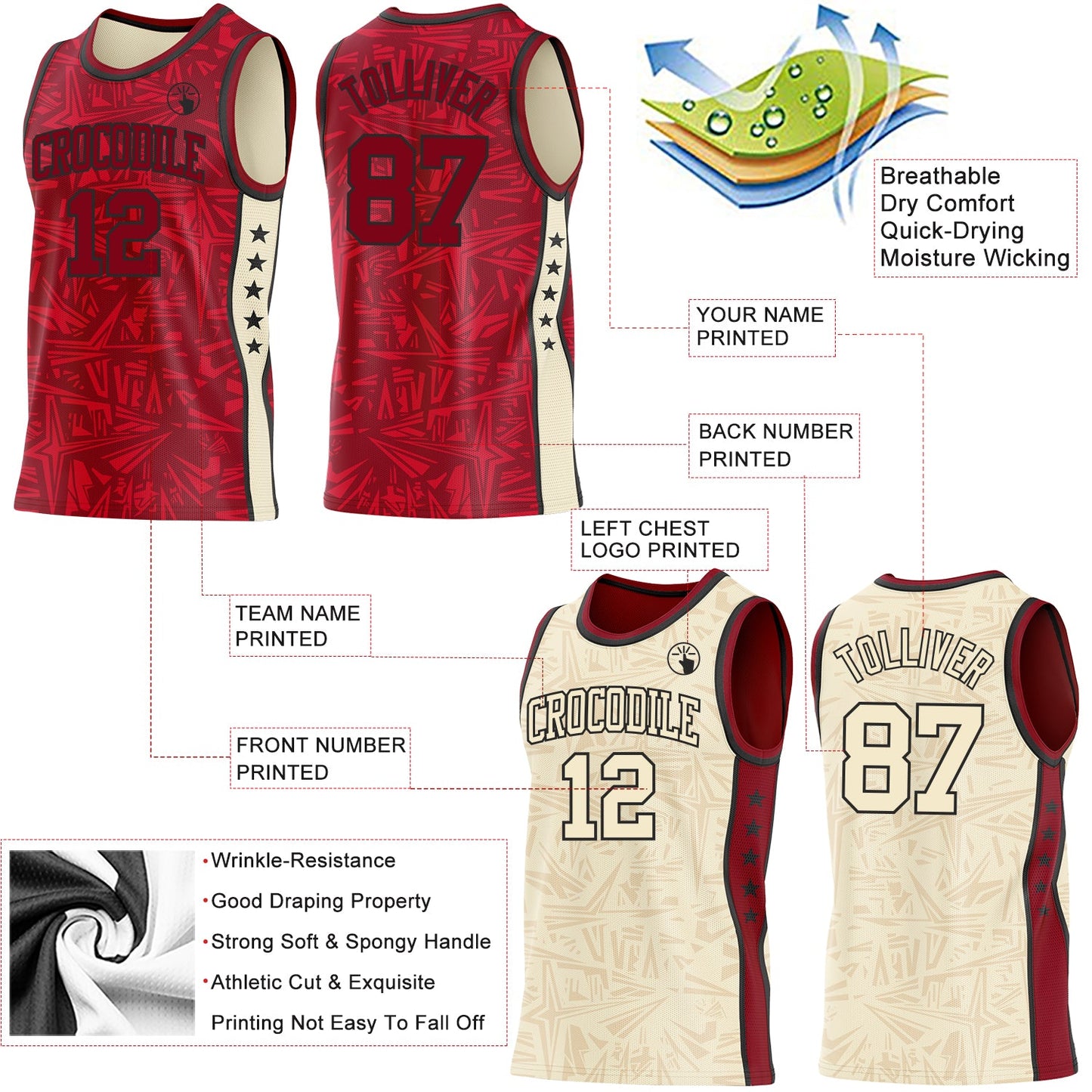 Custom Maroon Black-Cream Side Panel Stripe Stars Geometric Shatter Starburst Reversible Double Side Sublimation Basketball Set Jersey