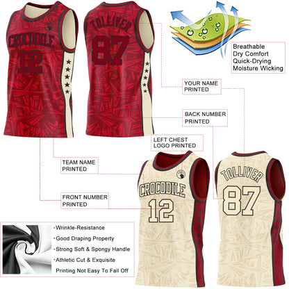Custom Maroon Black-Cream Side Panel Stripe Stars Geometric Shatter Starburst Reversible Double Side Sublimation Basketball Set Jersey