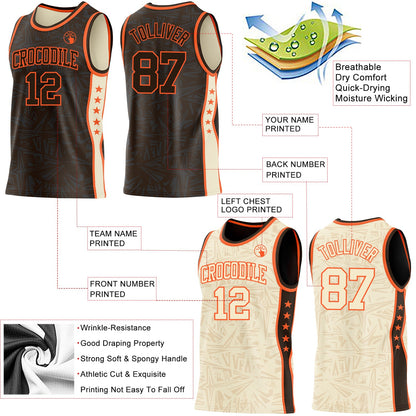 Custom Brown Orange-Cream Side Panel Stripe Stars Geometric Shatter Starburst Reversible Double Side Sublimation Basketball Set Jersey