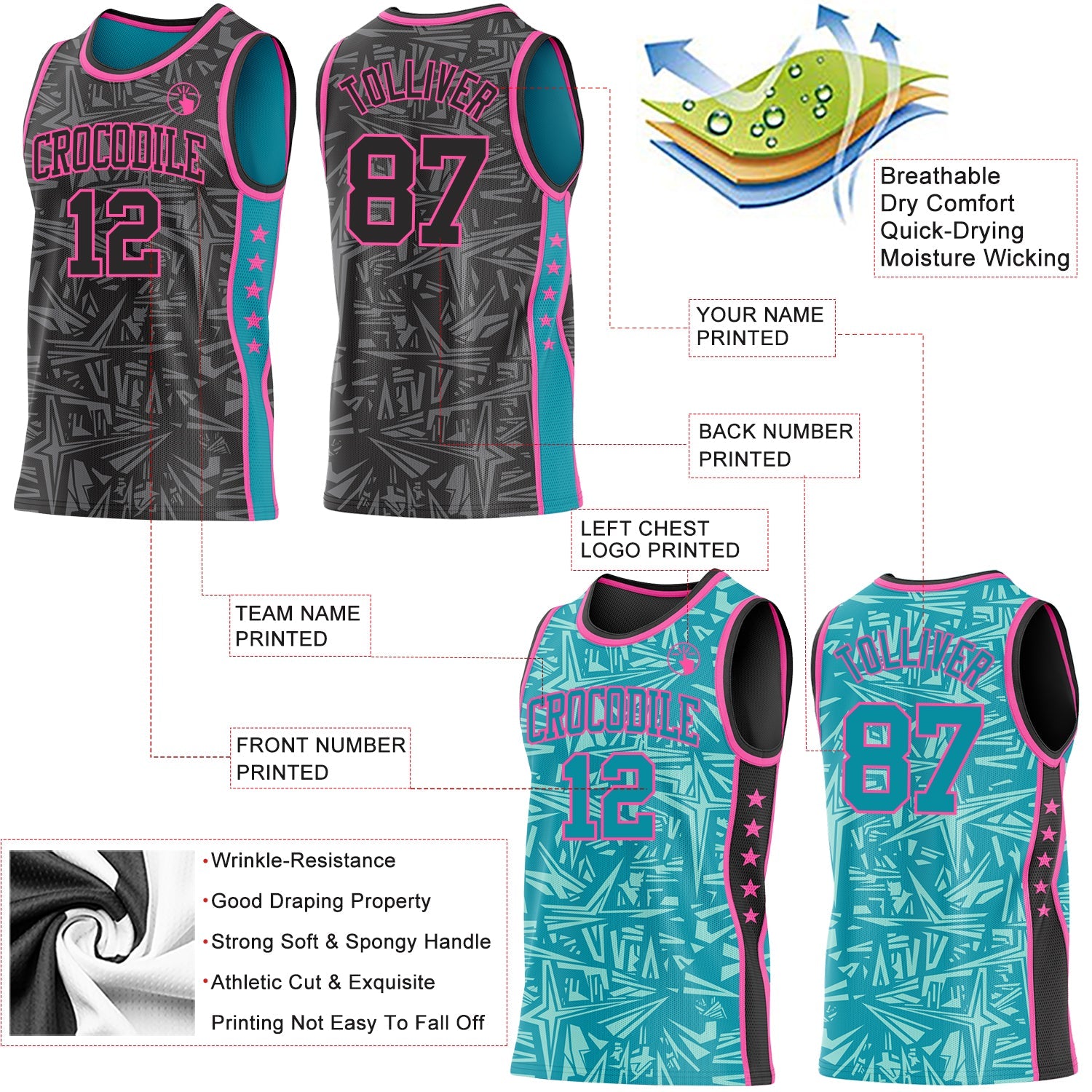 Custom Black Pink-Teal Side Panel Stripe Stars Geometric Shatter Starburst Reversible Double Side Sublimation Basketball Set Jersey