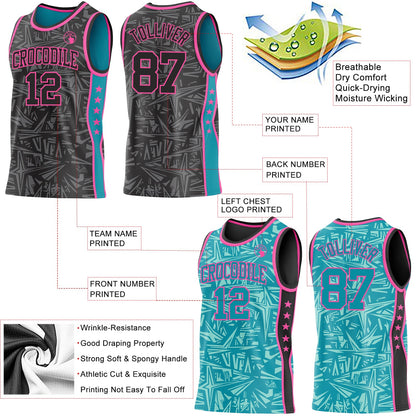 Custom Black Pink-Teal Side Panel Stripe Stars Geometric Shatter Starburst Reversible Double Side Sublimation Basketball Set Jersey